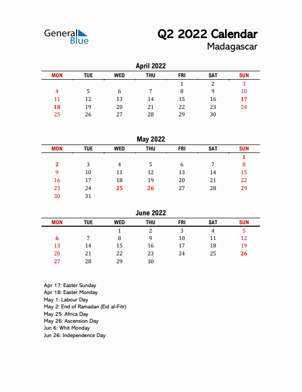 2022 Q2 Calendar with Holidays List for Madagascar