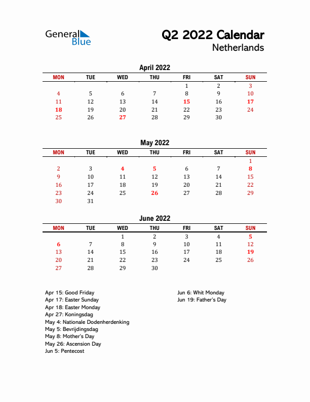 2022 Q2 Calendar with Holidays List for The Netherlands