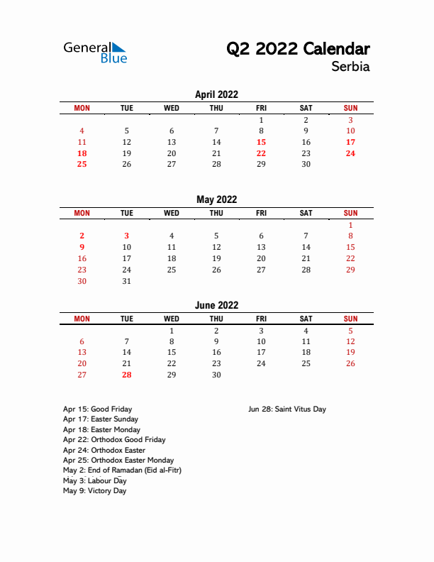 2022 Q2 Calendar with Holidays List for Serbia