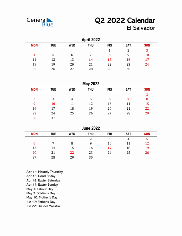 2022 Q2 Calendar with Holidays List for El Salvador