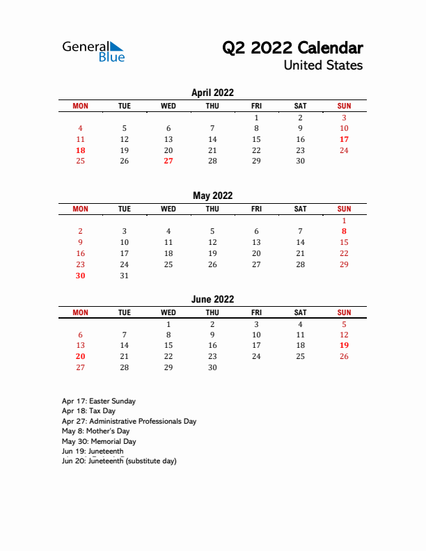 2022 Q2 Calendar with Holidays List for United States