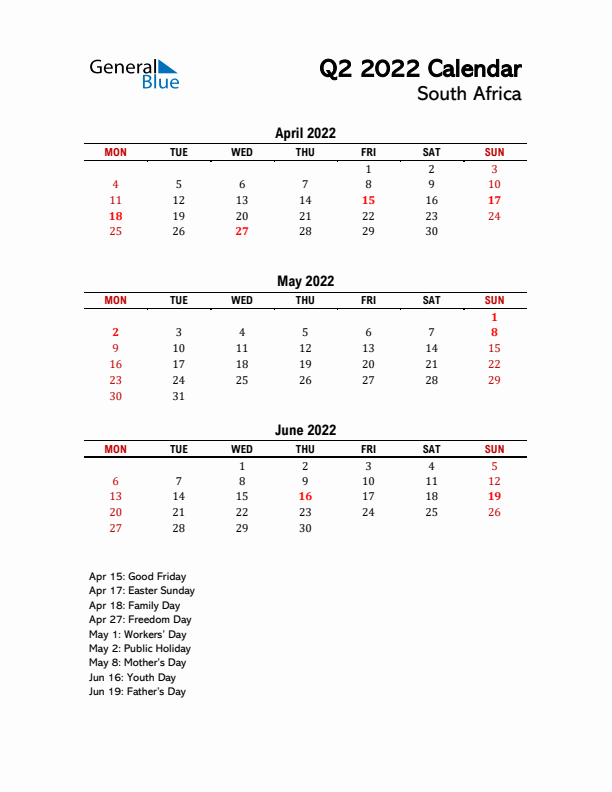 2022 Q2 Calendar with Holidays List for South Africa