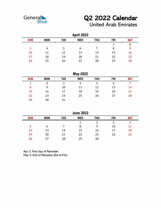 2022 Q2 Calendar with Holidays List for United Arab Emirates