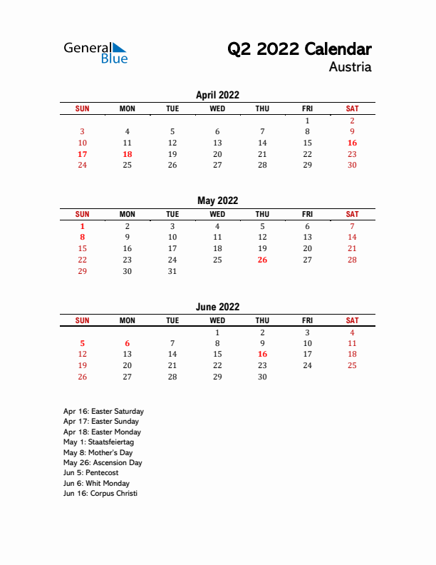 2022 Q2 Calendar with Holidays List for Austria