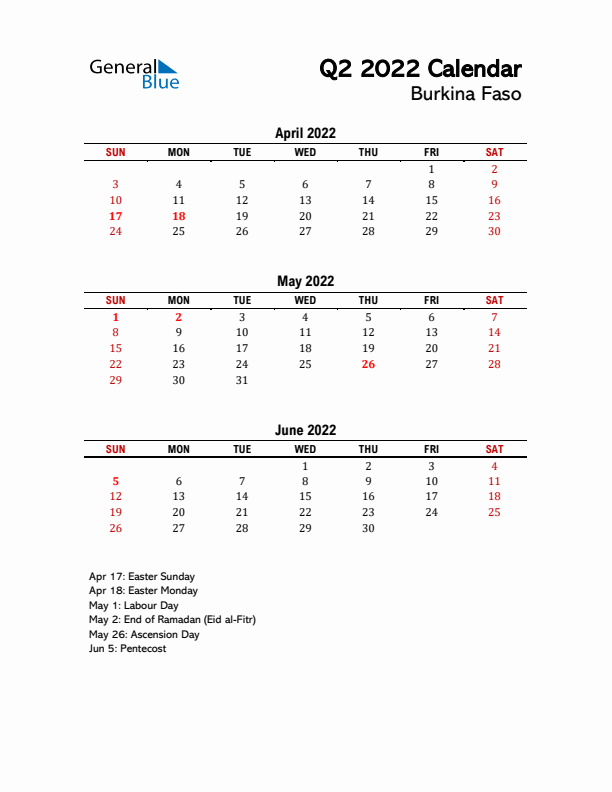 2022 Q2 Calendar with Holidays List for Burkina Faso