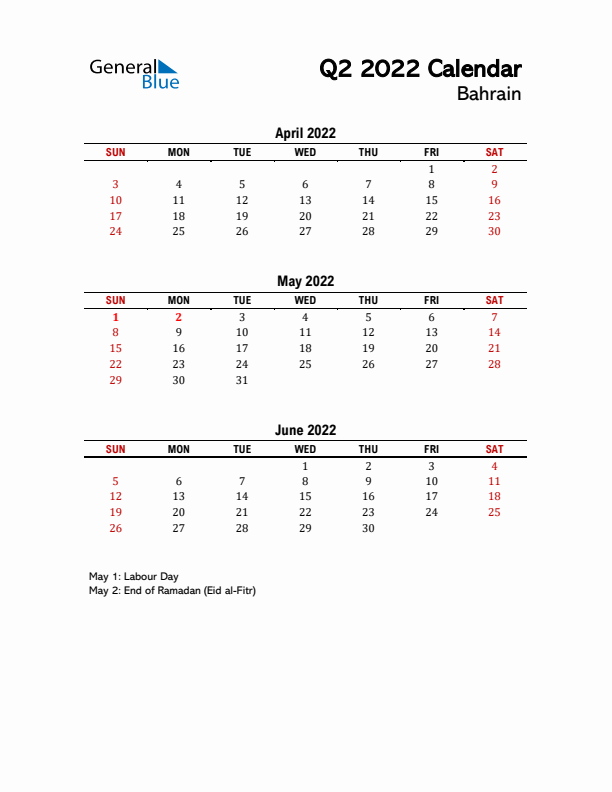 2022 Q2 Calendar with Holidays List for Bahrain