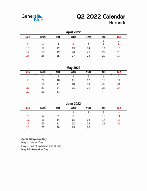 2022 Q2 Calendar with Holidays List for Burundi