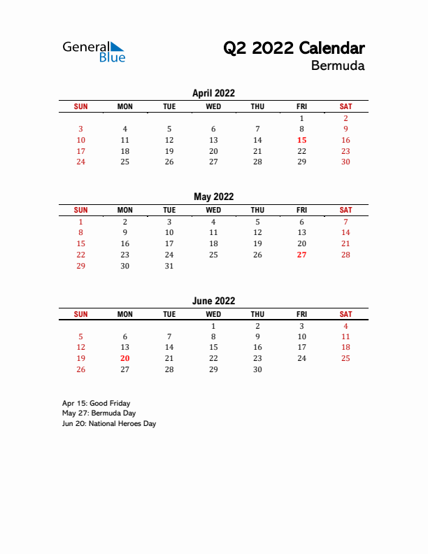 2022 Q2 Calendar with Holidays List for Bermuda