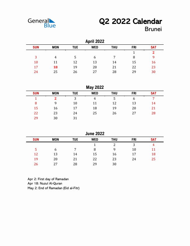 2022 Q2 Calendar with Holidays List for Brunei