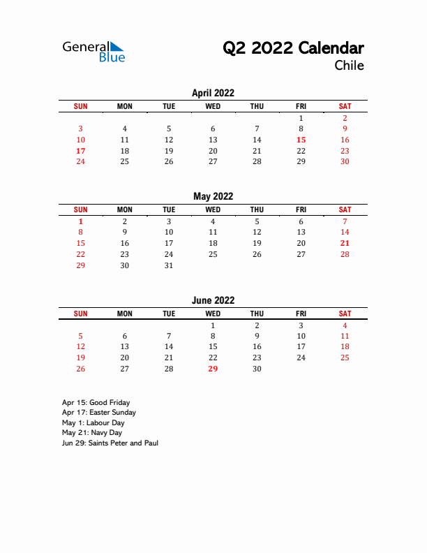 2022 Q2 Calendar with Holidays List for Chile