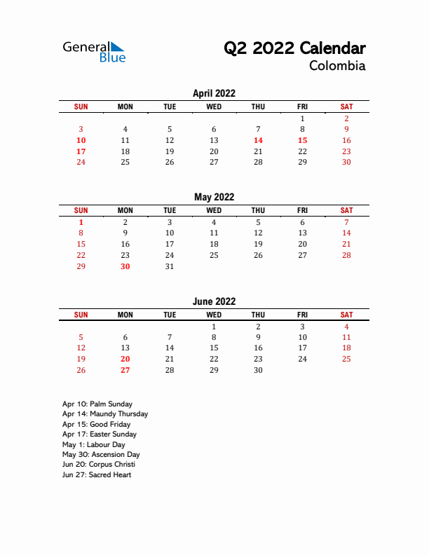 2022 Q2 Calendar with Holidays List for Colombia