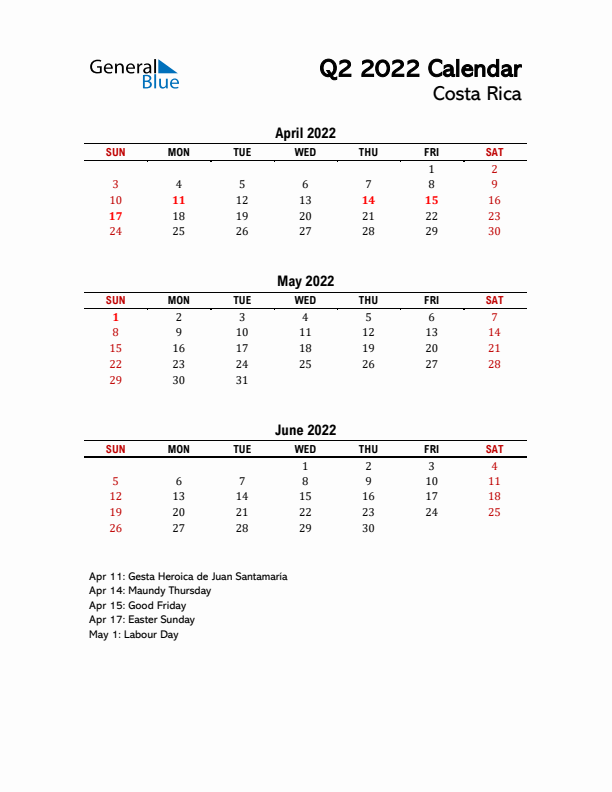 2022 Q2 Calendar with Holidays List for Costa Rica