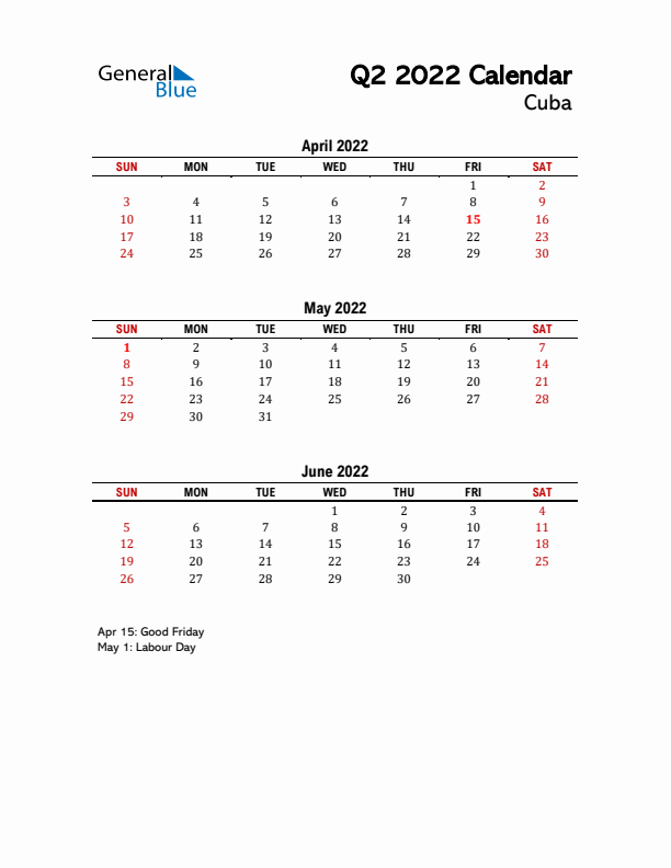 2022 Q2 Calendar with Holidays List for Cuba