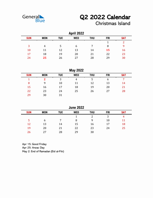 2022 Q2 Calendar with Holidays List for Christmas Island