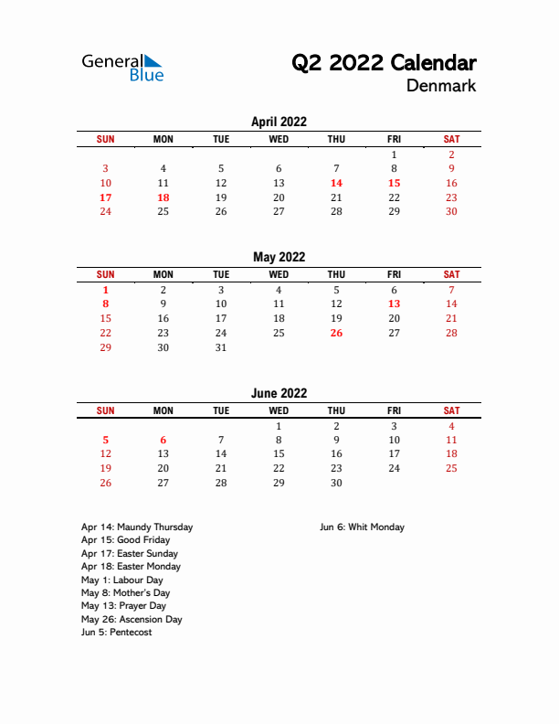 2022 Q2 Calendar with Holidays List for Denmark