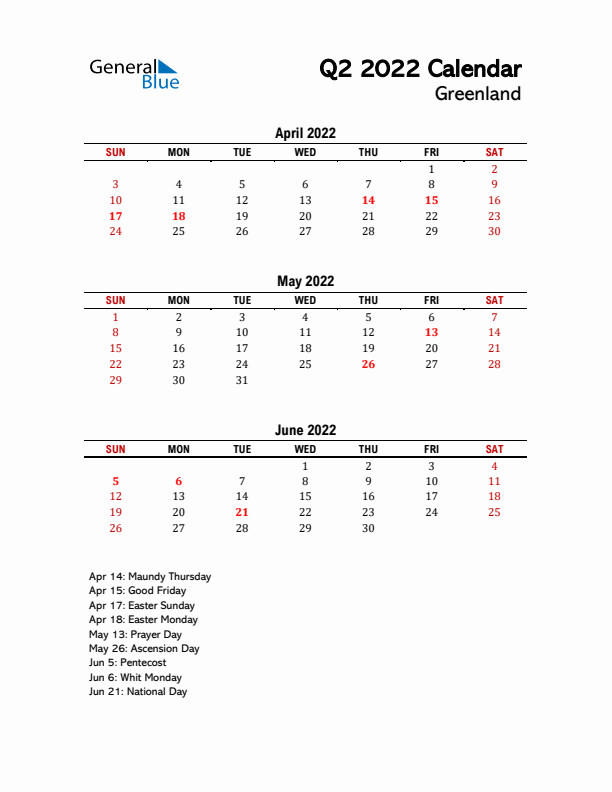 2022 Q2 Calendar with Holidays List for Greenland