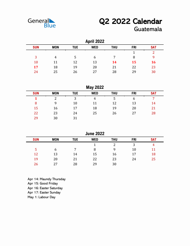 2022 Q2 Calendar with Holidays List for Guatemala