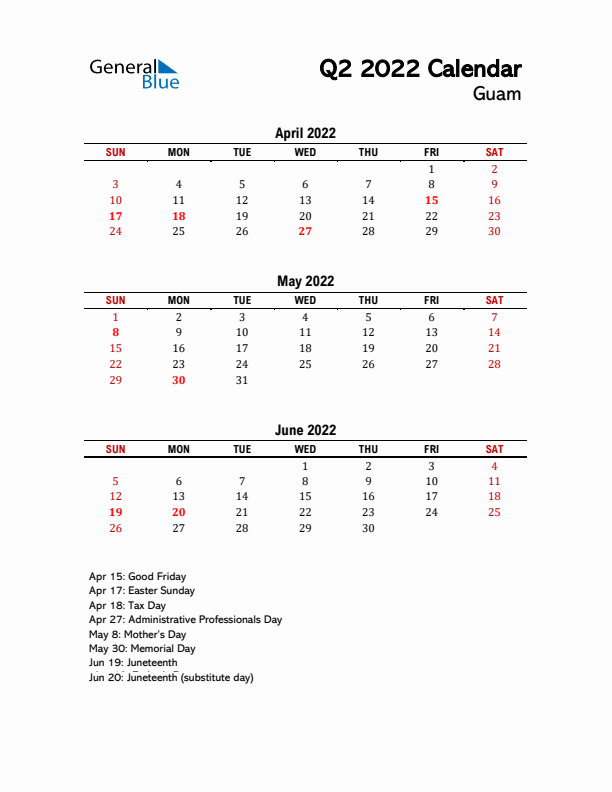 2022 Q2 Calendar with Holidays List for Guam