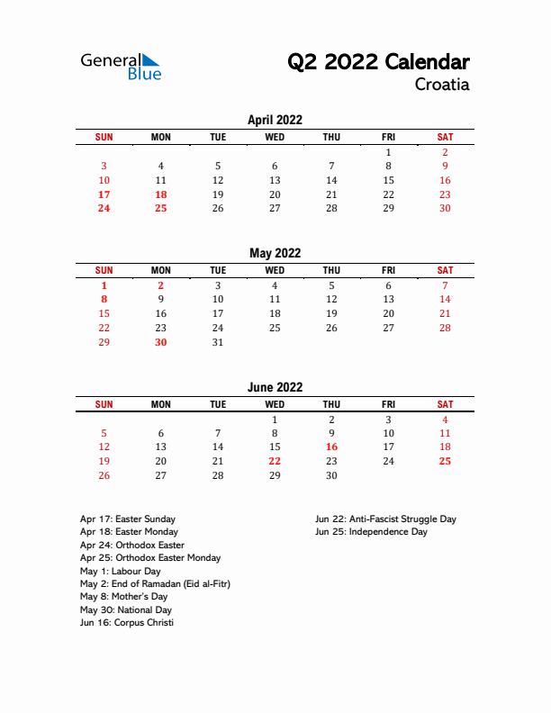 2022 Q2 Calendar with Holidays List for Croatia