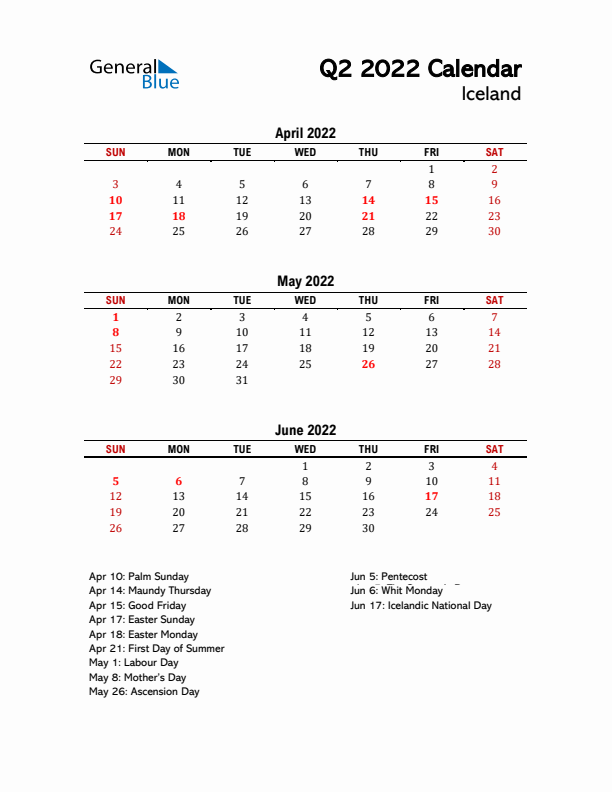 2022 Q2 Calendar with Holidays List for Iceland