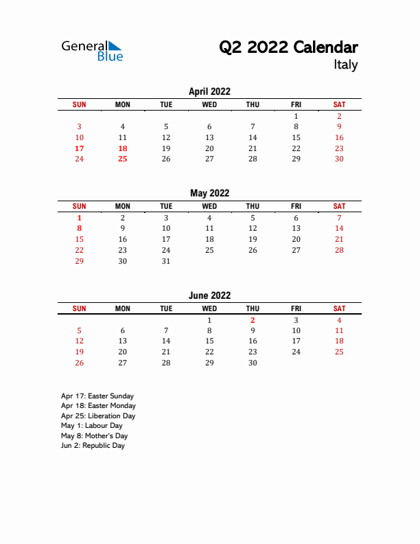 2022 Q2 Calendar with Holidays List for Italy