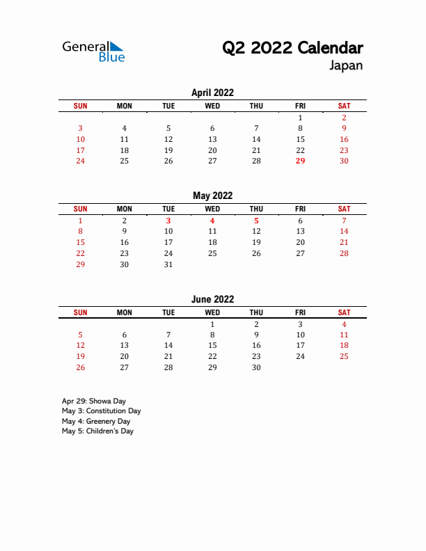 2022 Q2 Calendar with Holidays List for Japan