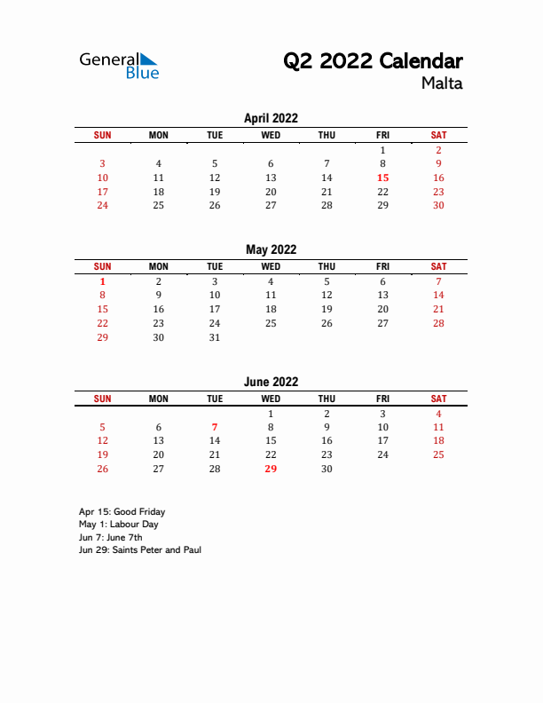 2022 Q2 Calendar with Holidays List for Malta