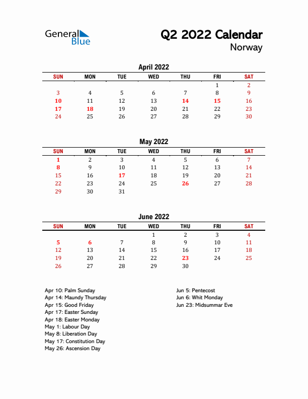 2022 Q2 Calendar with Holidays List for Norway