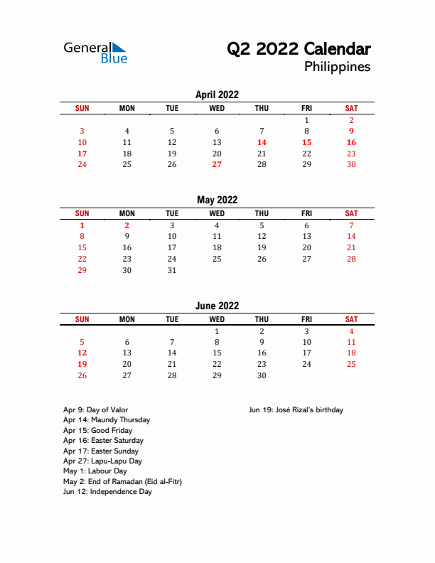 2022 Q2 Calendar with Holidays List for Philippines