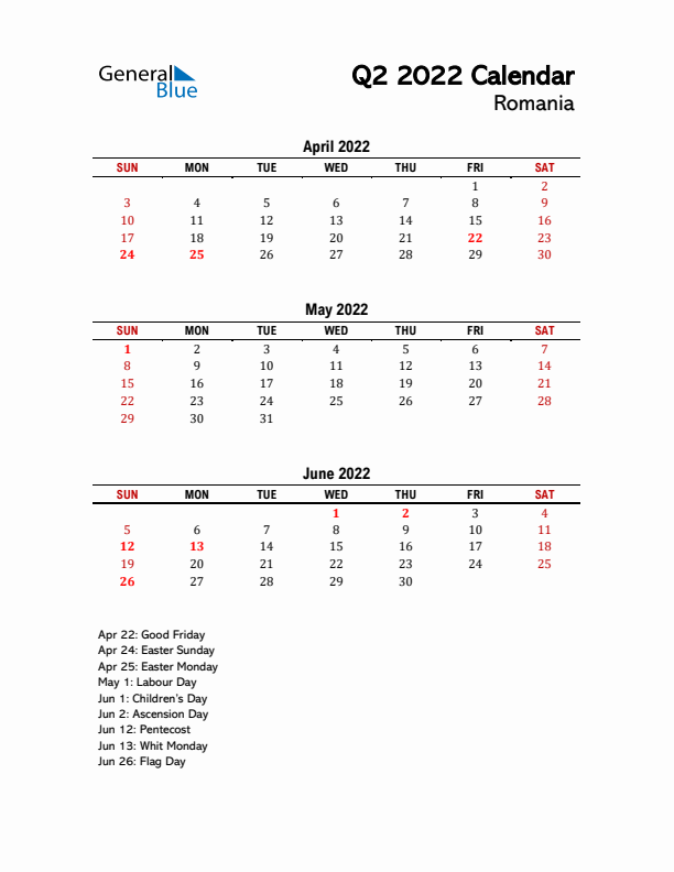 2022 Q2 Calendar with Holidays List for Romania