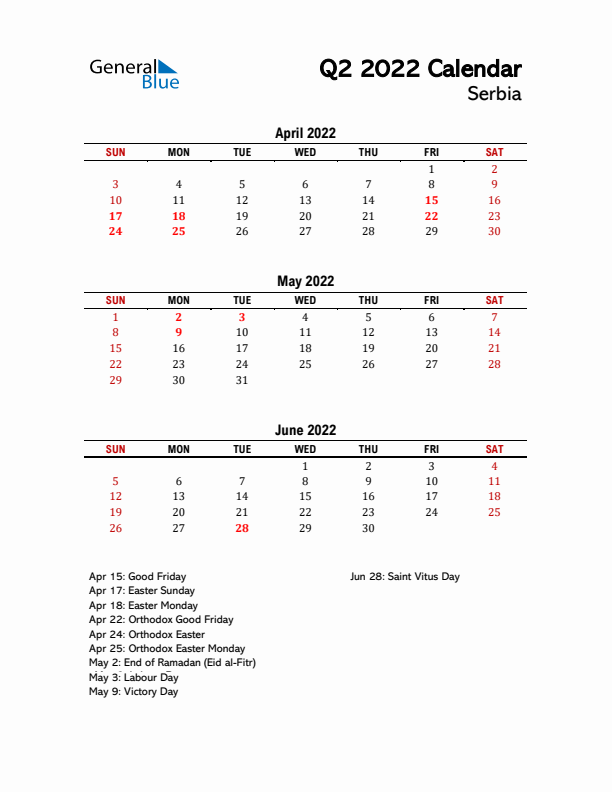 2022 Q2 Calendar with Holidays List for Serbia