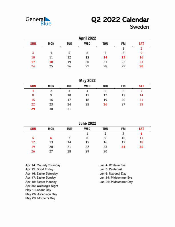 2022 Q2 Calendar with Holidays List for Sweden