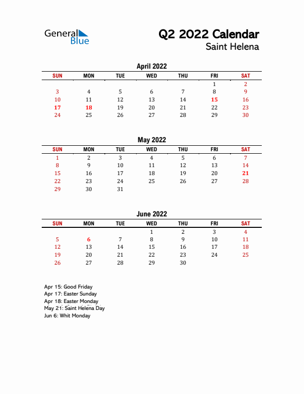 2022 Q2 Calendar with Holidays List for Saint Helena