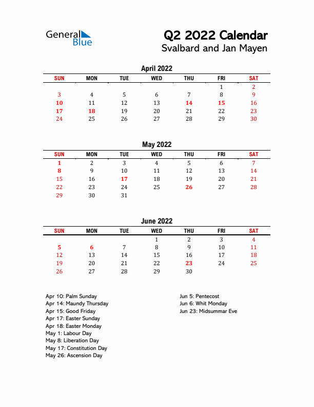 2022 Q2 Calendar with Holidays List for Svalbard and Jan Mayen