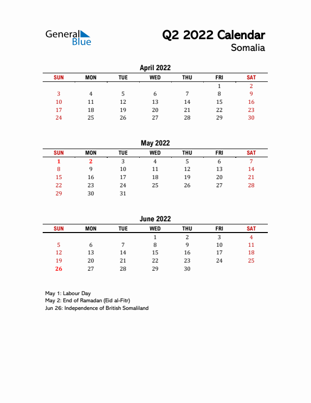 2022 Q2 Calendar with Holidays List for Somalia