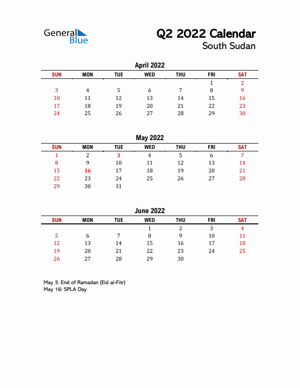 2022 Q2 Calendar with Holidays List for South Sudan