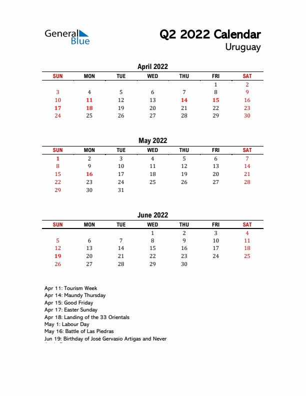 2022 Q2 Calendar with Holidays List for Uruguay