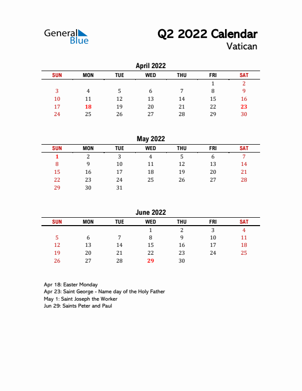 2022 Q2 Calendar with Holidays List for Vatican