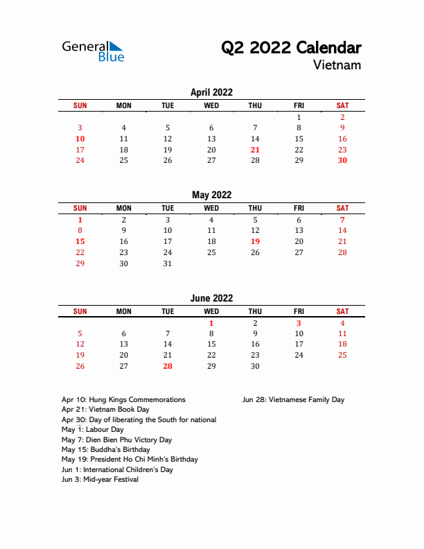 2022 Q2 Calendar with Holidays List for Vietnam