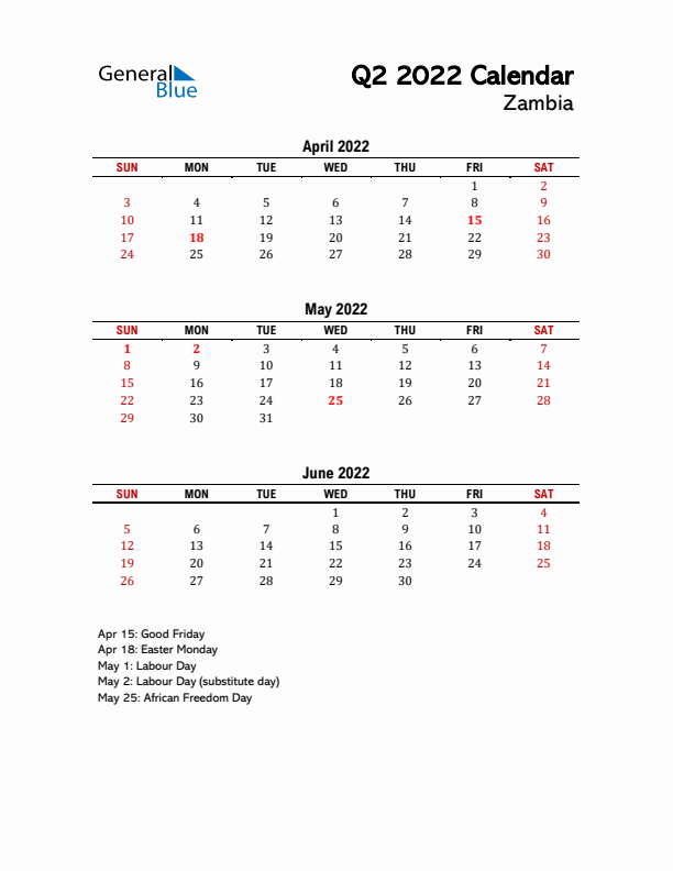 2022 Q2 Calendar with Holidays List for Zambia