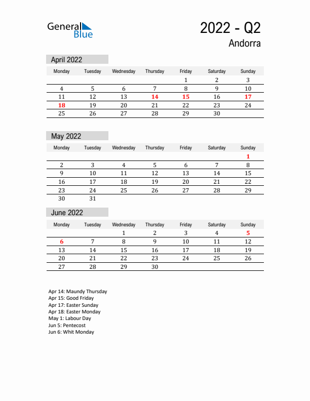 Andorra Quarter 2 2022 Calendar with Holidays