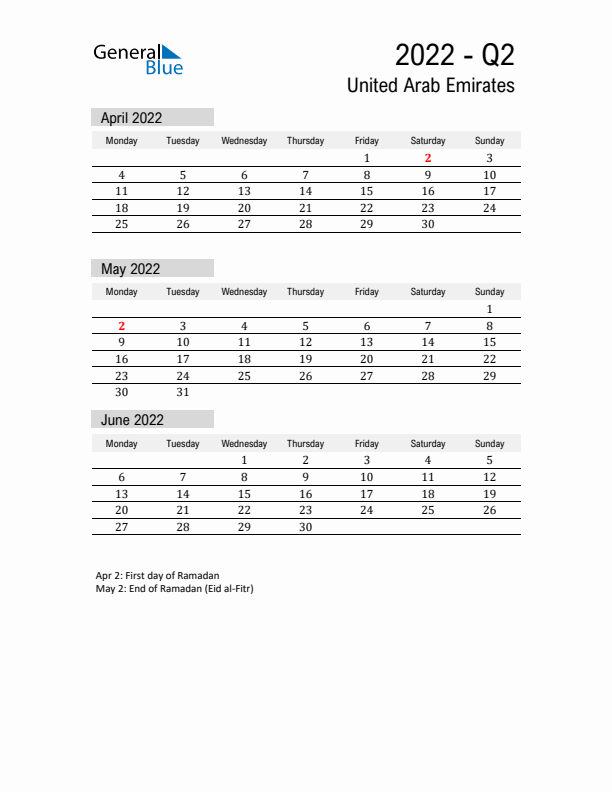 United Arab Emirates Quarter 2 2022 Calendar with Holidays