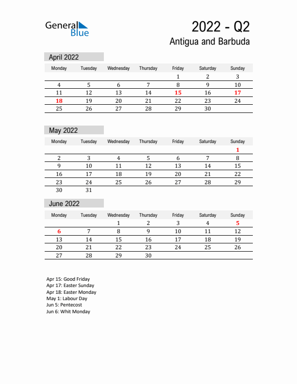 Antigua and Barbuda Quarter 2 2022 Calendar with Holidays