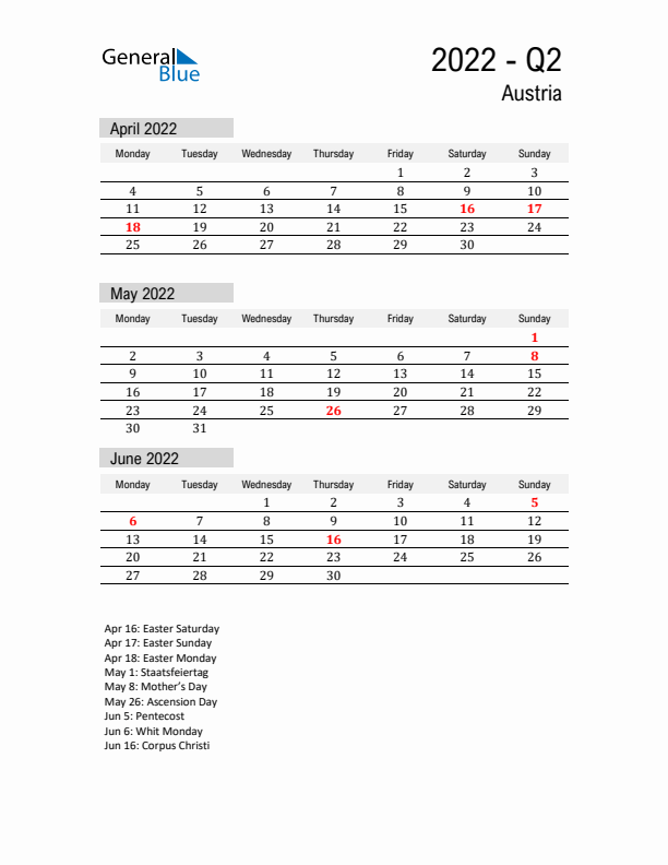 Austria Quarter 2 2022 Calendar with Holidays