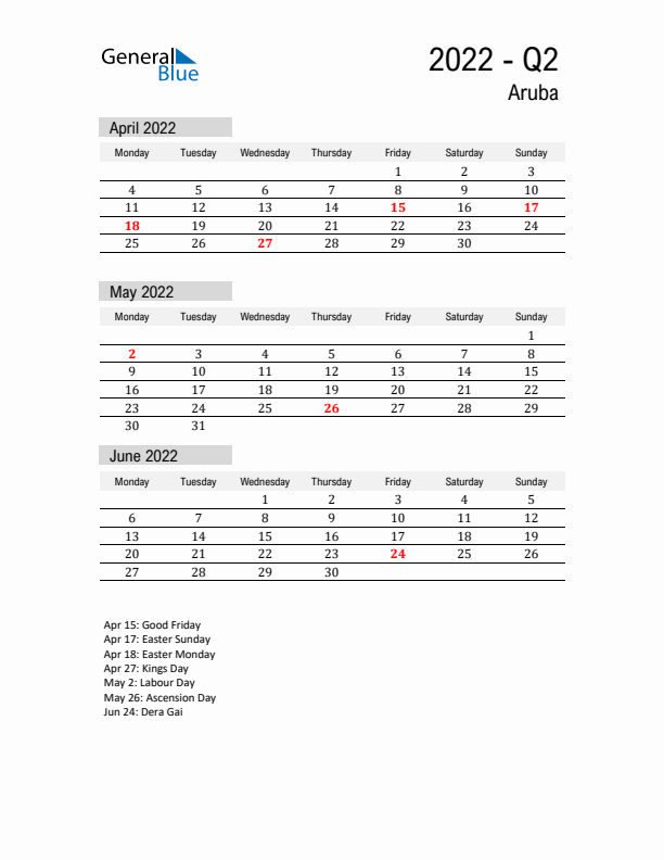 Aruba Quarter 2 2022 Calendar with Holidays