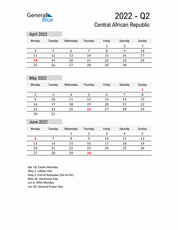 Central African Republic Quarter 2 2022 Calendar with Holidays