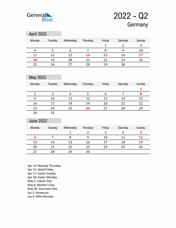 Germany Quarter 2 2022 Calendar with Holidays