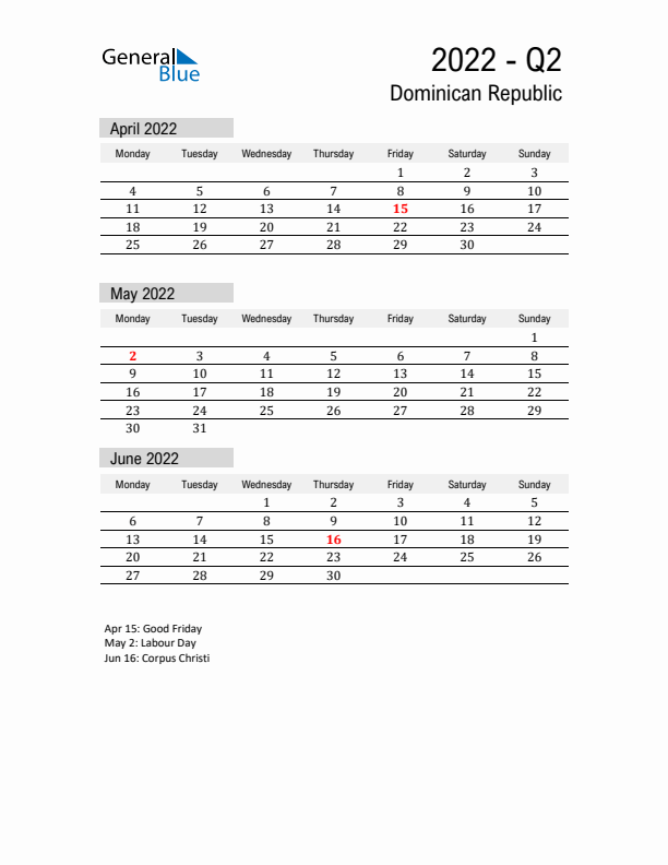 Dominican Republic Quarter 2 2022 Calendar with Holidays