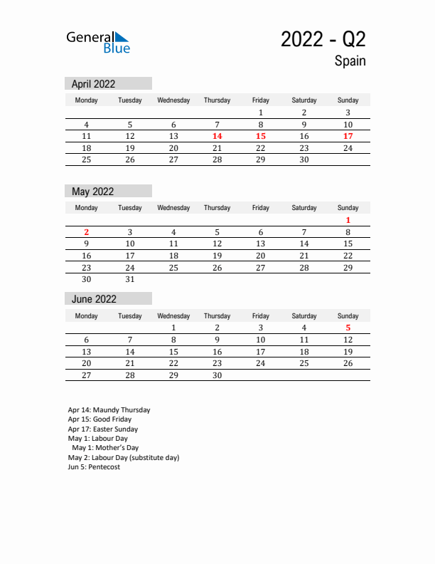 Spain Quarter 2 2022 Calendar with Holidays