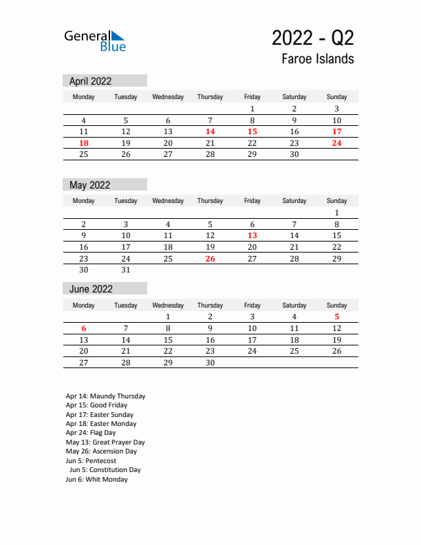 Faroe Islands Quarter 2 2022 Calendar with Holidays